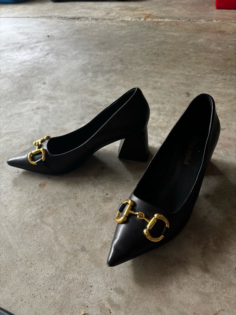 Jeffrey Campbell Black Pointed Toe Pumps with Gold Horsebit Accent Block heel